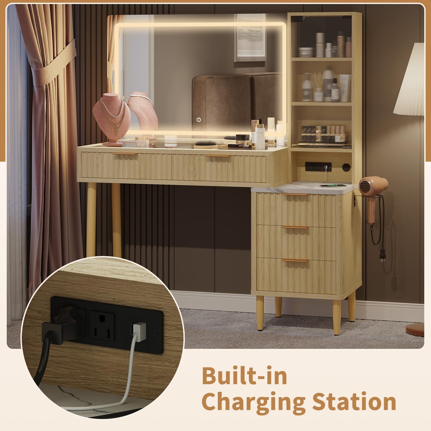 CuisinSmart Makeup Vanity Desk with Lights, Fluted Wooden Dressing Table with 5 Drawers and Adjustable Shelves, Makeup Vanity Table Modern Glass Top with Charging Station for Bedroom (Oak)