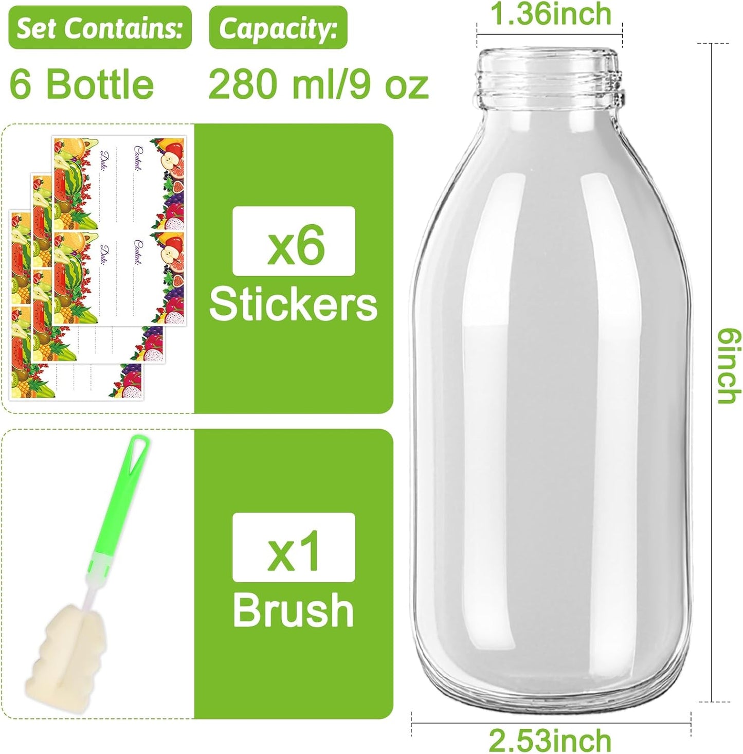 9 oz 6 Pack Glass Milk Bottles with Lids, Reusable Juice Bottle, Drinking Jars Container for Homemade Juicing