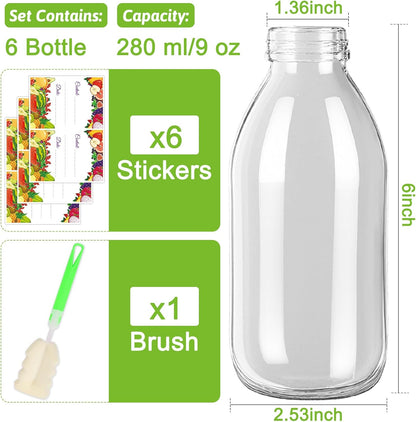 9 oz 6 Pack Glass Milk Bottles with Lids, Reusable Juice Bottle, Drinking Jars Container for Homemade Juicing