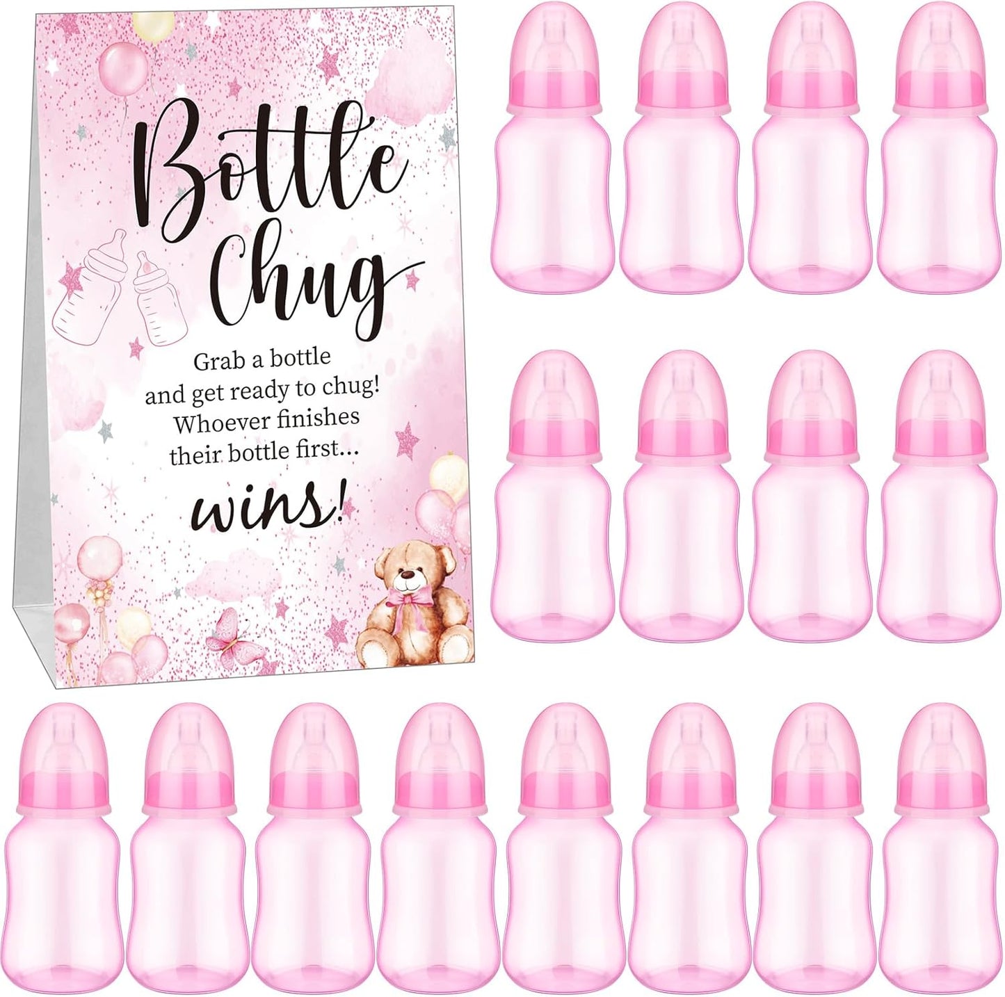 20 1 TrelaCo Bottle Chug Baby Shower Game Pcs Baby Bottles Shower Favor with Bear Theme Sign for Gender Reveal Party