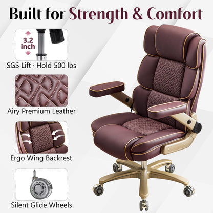 Heavy Duty Executive Leather Chair, Big and Tall Office Chair 500lbs with 5D Flip-up Armrests, Comfortable Seat, Adjustable Lumbar, High Back, Large Computer Desk Chair for Home Office, Brown