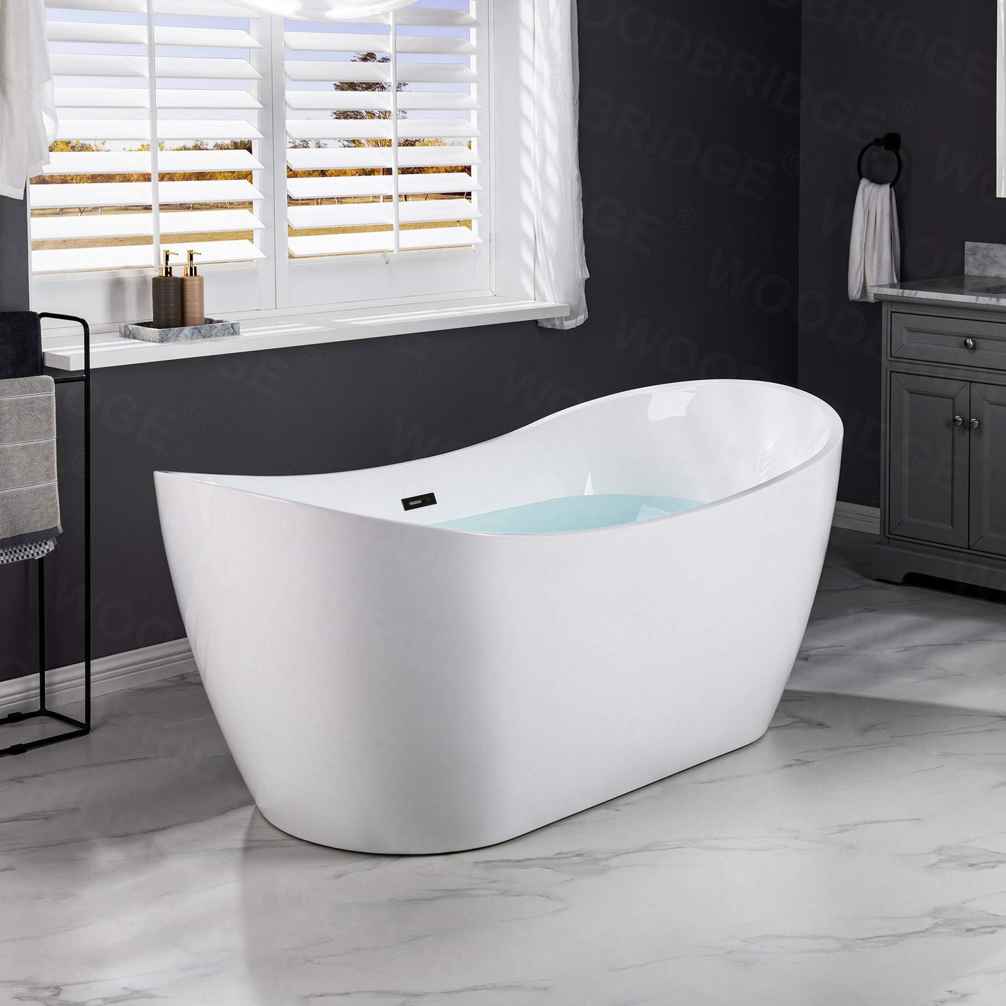 WOODBRIDGE 71" Acrylic Freestanding Bathtub Contemporary Soaking Tub , White Acrylic ( Matte Black Drain/Overflow),B0017 MB Drain &O