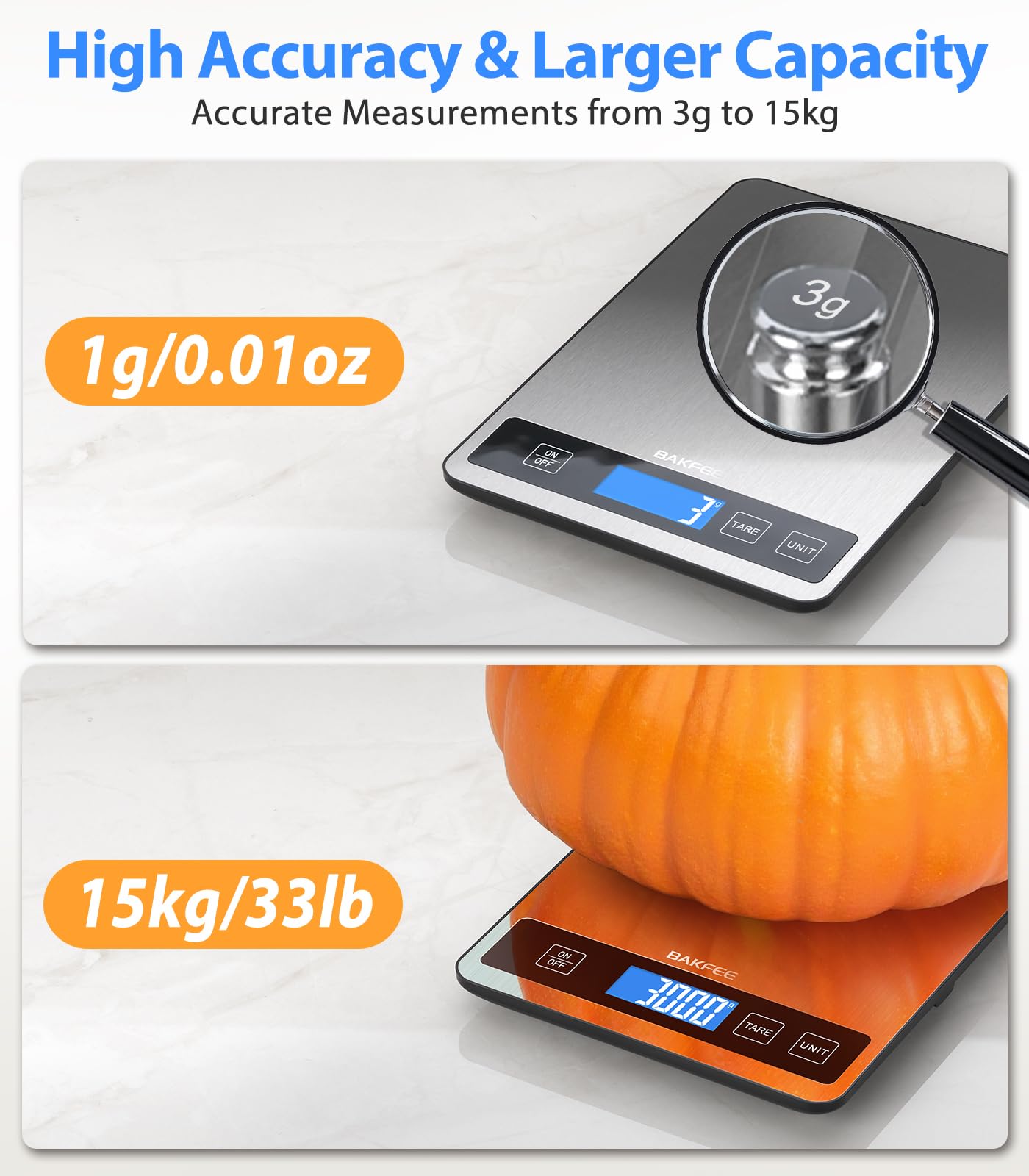 BakFee Food Scale - 15kg/33lb Rechargeable Digital Kitchen Scale with Full-View LCD Display, Grams and Ounces, Type-C or Batteries, Easy Clean Stainless Steel, for Baking, Cooking & Meal Prep, Black