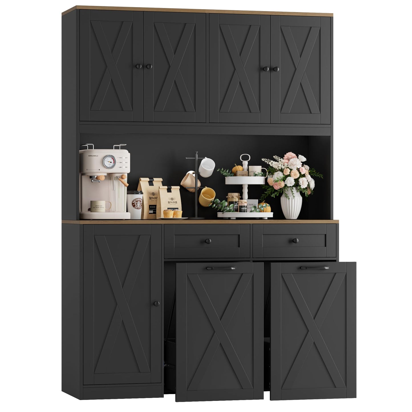 HOSTACK 71" H Kitchen Trash Can Hutch Cabinet, 12.5 Gallon Double Pull Out Garbage Can Hutch Cabinet with Trash Bin Storage Holders, 47" Wide Kitchen Pantry with Hidden Garbage Storage, Black
