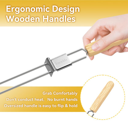 Skewers for Grilling, 17" (6 Pcs) Wooden Handle Double Pronged Stainless Steel Flat Kabob Skewers with Push Bar, Reusable Long Metal Skewer Sticks for Meat Chicken Vegetable, BBQ Accessories