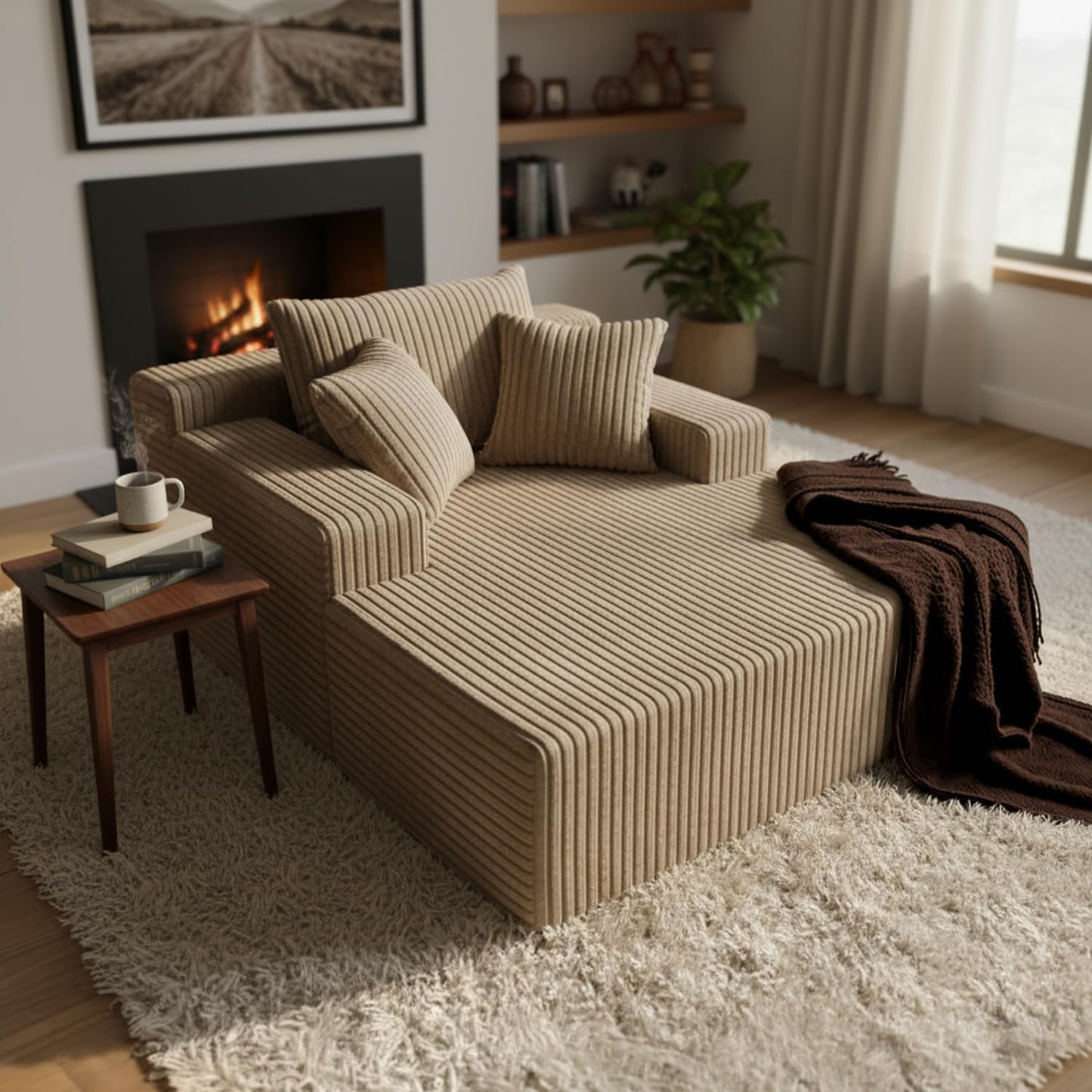Sytopia Chaise Lounge with Armrests, Oversized Sofa Bed with 3 Pillows, Cozy Couch, Sleeper Reading Chair for Living Room Bedroom, Floor Sofa Corduroy, Furniture Sala, Cashmere Beige