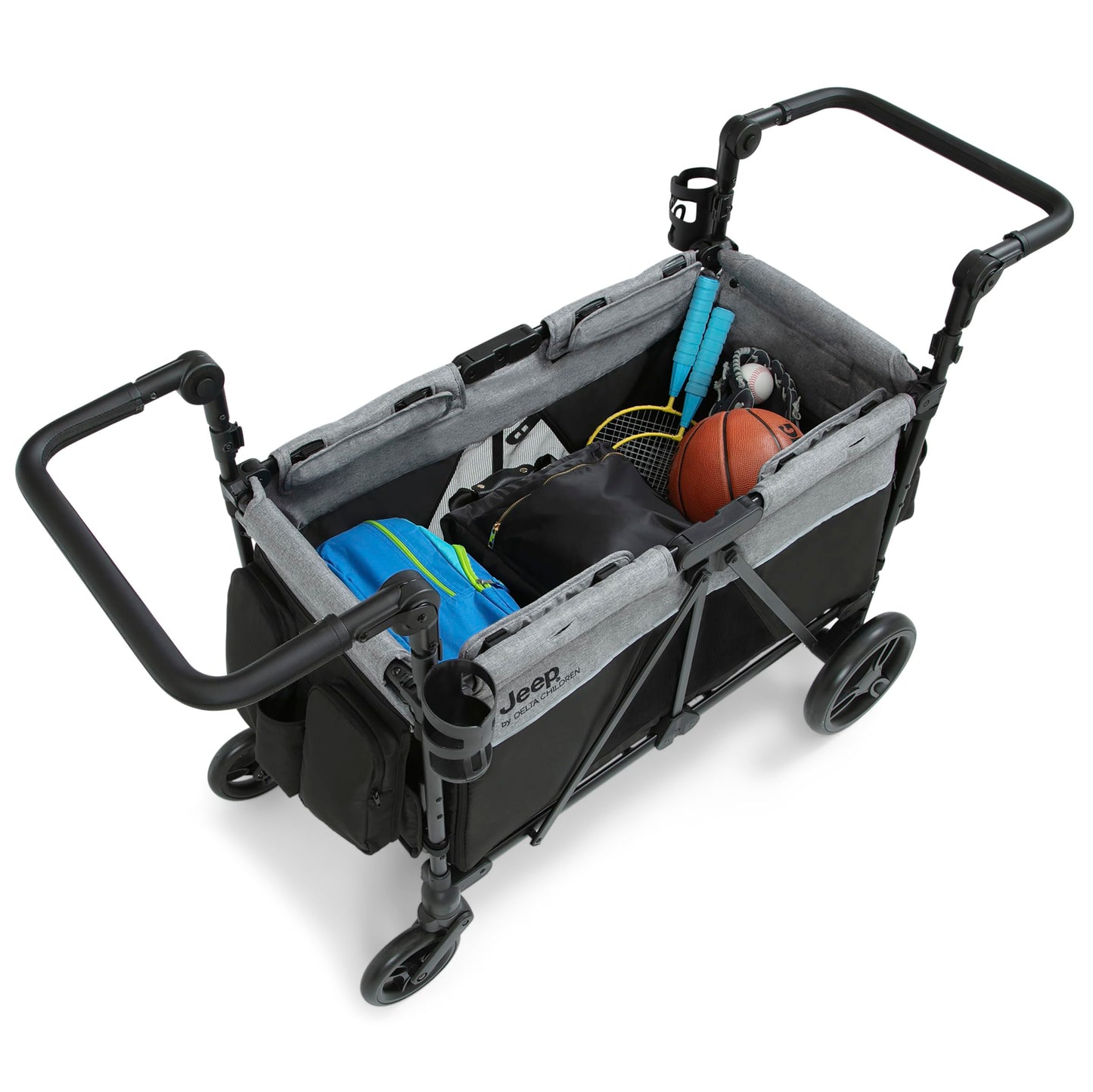 Delta Children - Jeep Aries Stroller Wagon - Premium Wagon for 2 Kids with Convertible Seats, Adjustable Push/Pull Handles, Removable Canopy & Flat Fold - Greenguard Gold Certified, Grey