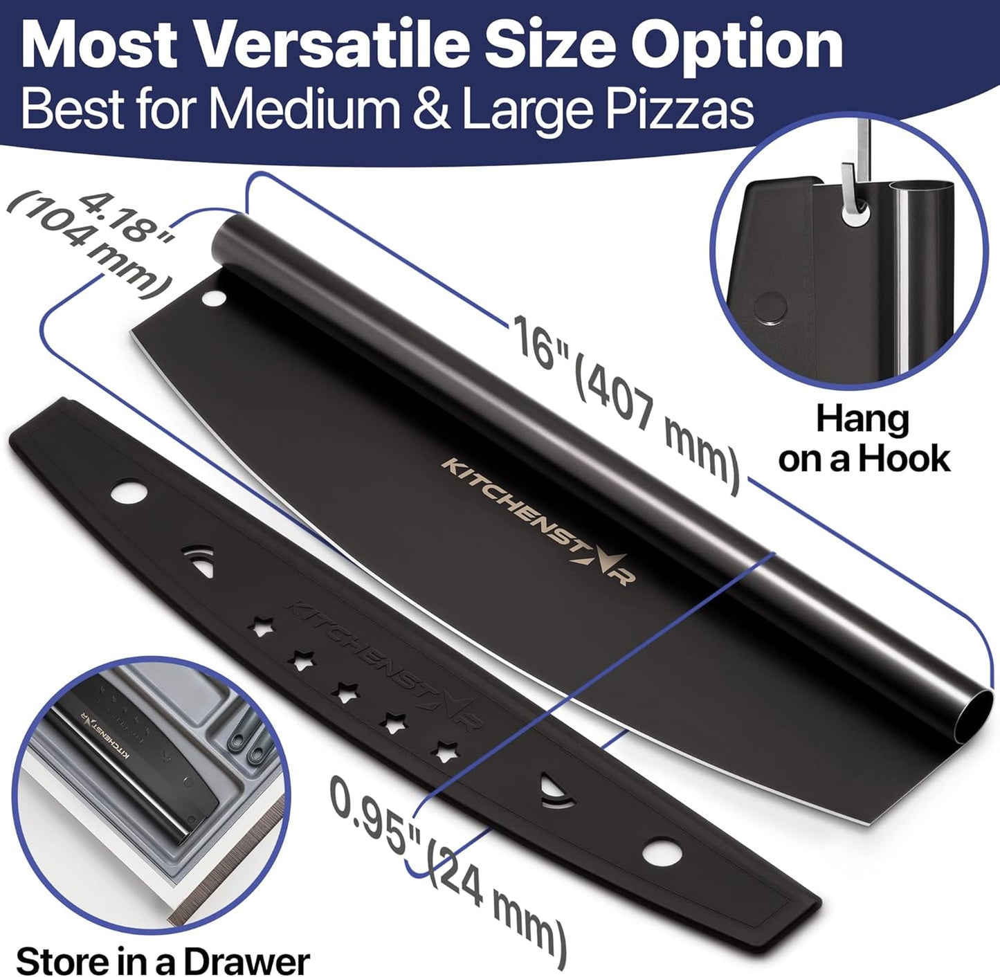KitchenStar 16-Inch Pizza Cutter Rocker Blade - Sharp Stainless Steel Slicer Knife, Large Black Nonstick