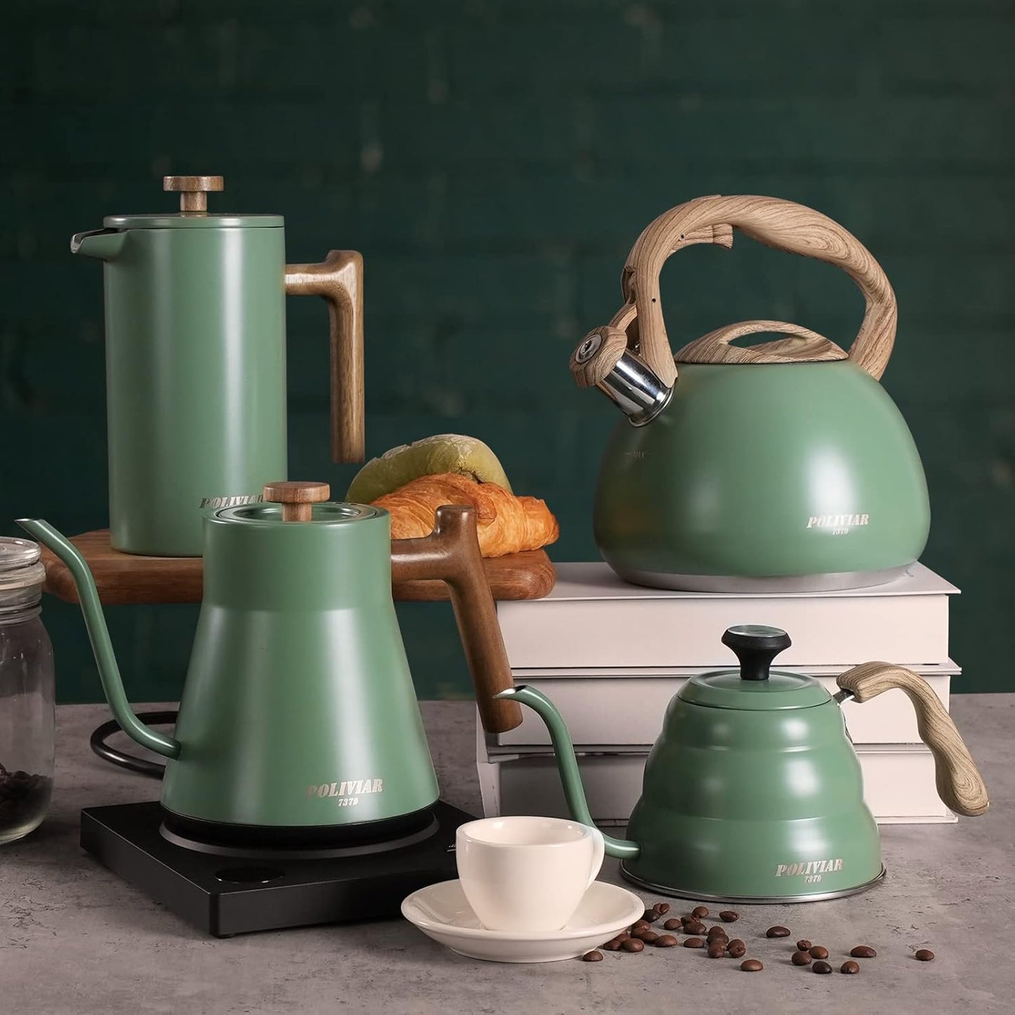 2.7 (JX2020-SB30) Poliviar Tea Kettle, Quart Seaweed Green Finish with Wood Pattern Handle Loud Whistle Food Grade