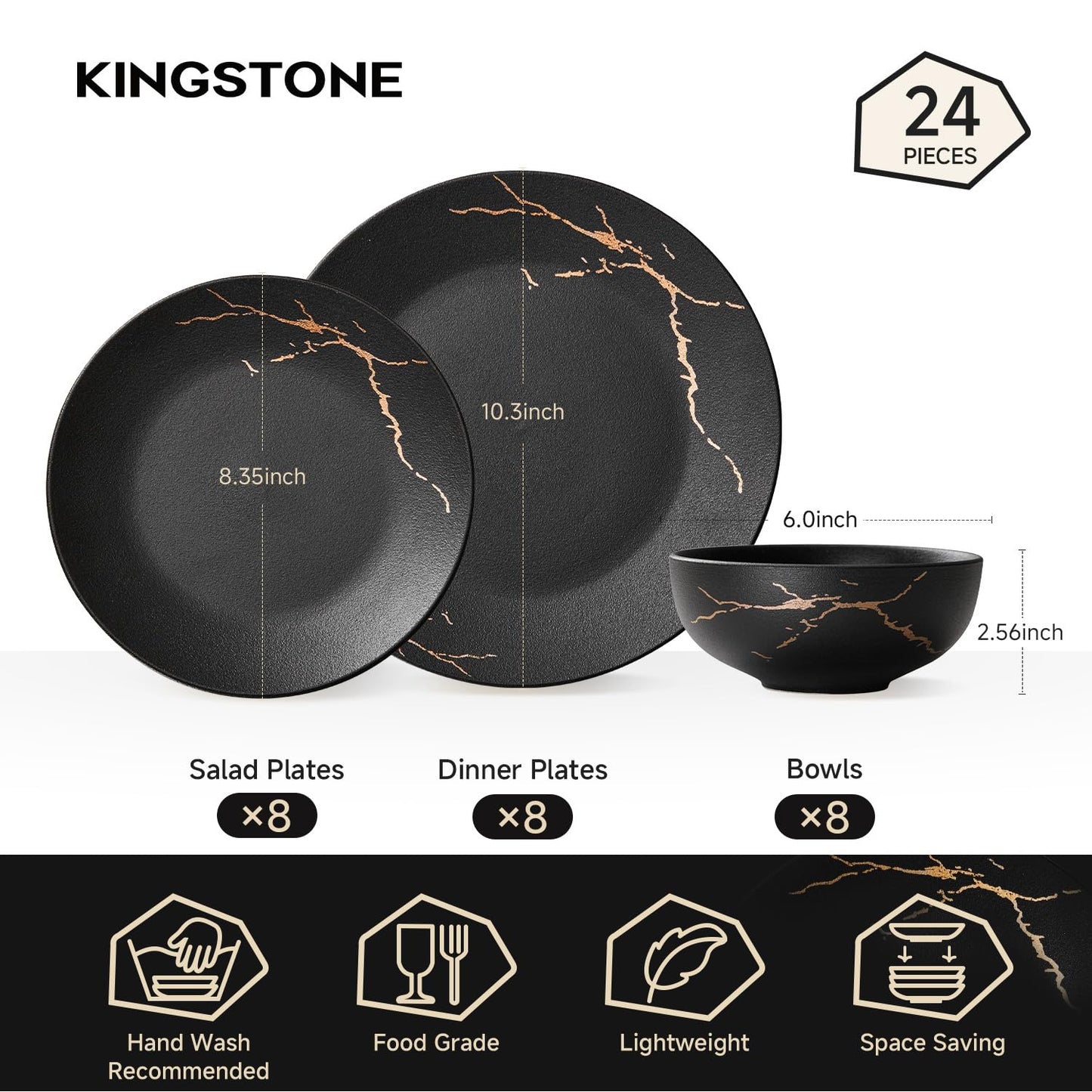 KINGSTONE Porcelain Dinnerware Sets for 8 | 24 Piece Plates and Bowls Sets Kitchen Dishes Scratch Resistant Matte Black Gold Vein Dinner Salad Plate Dishware for Party Daily Wedding