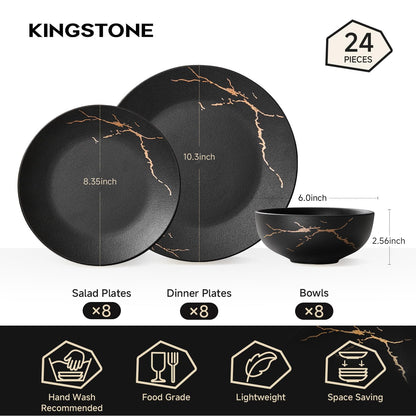KINGSTONE Porcelain Dinnerware Sets for 8 | 24 Piece Plates and Bowls Sets Kitchen Dishes Scratch Resistant Matte Black Gold Vein Dinner Salad Plate Dishware for Party Daily Wedding