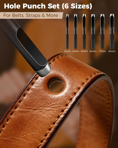 SakerNeo Leather Working Tools - 101pcs Stainless Steel & Wood Handle Sewing kit with 4mm Stitching chisels (1/2/4/6), 18 Waxed Thread, Hole Punch & Stamping Tools for DIY Wallet Belt Bag Repair