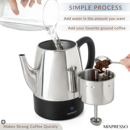 4 Mixpresso Small Electric Percolator Coffee Pot Cup Stainless Steel - Coffee Percolator Electric with Keep Warm