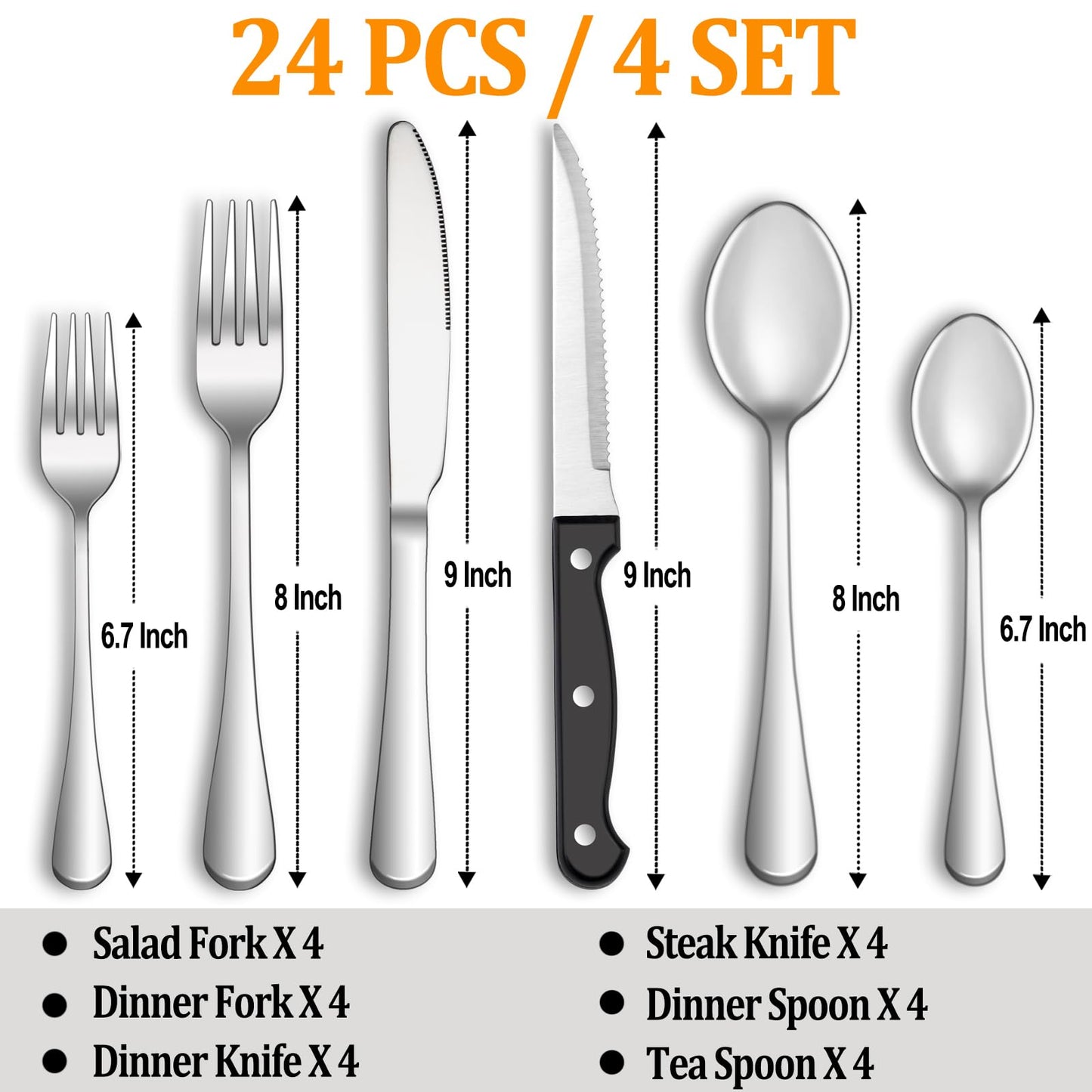 24 Pcs Silverware Set with Steak Knives Service for 4,Stainless Steel Flatware Set,Mirror Polished Cutlery Utensil Sets,Home Kitchen Eating Tableware,Include Fork Knife Spoon,Dishwasher Safe