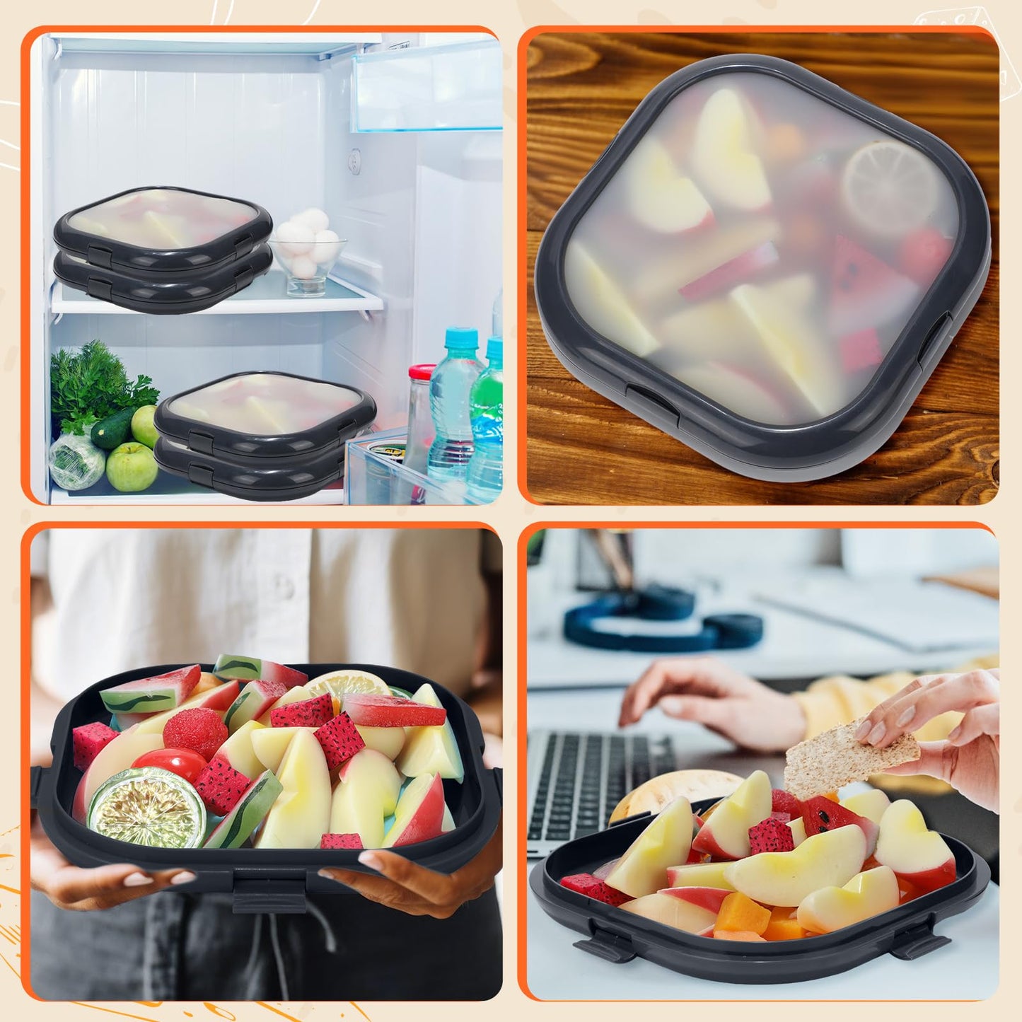 Nuogo 4 Pcs Silicone Fruit Storage Box Anti-oxidation Avocado Saver Storage Tomato Pod Vegetable Saver Reusable for Fridge Garlic Lemons Potatoes (Black,7.9 x 7.9 x 1.4 Inches)