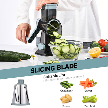 Rotary Cheese Grater with Handle Kitchen Shredder Slicer Grater Slicer Ice Shaver Cheese Vegetable Nuts Potato Zucchini Chocolate 3 Interchangeable Blades (GreyBlue