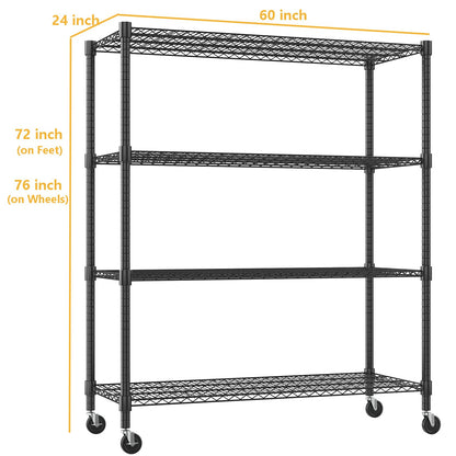 Himimi Storage Shelves 60" W Wire Shelving with Wheels 2600LBS Heavy Duty Metal Shelves for Storage, 4-Tier Adjustable Wire Rack Shelving Garage Shelving Kitchen Storage Shelves 24" Dx60 Wx72H, Black