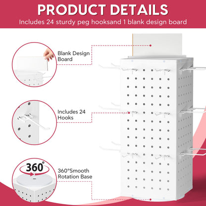 SIBRANT Rotating Pegboard Display Stand With 24 Hooks,Spinning Peg Board Displays,Tabletop Metal Pegboard Shelf for Craft Shows & Fairs, Retail Stores, Vendors Arts and Crafts (White)