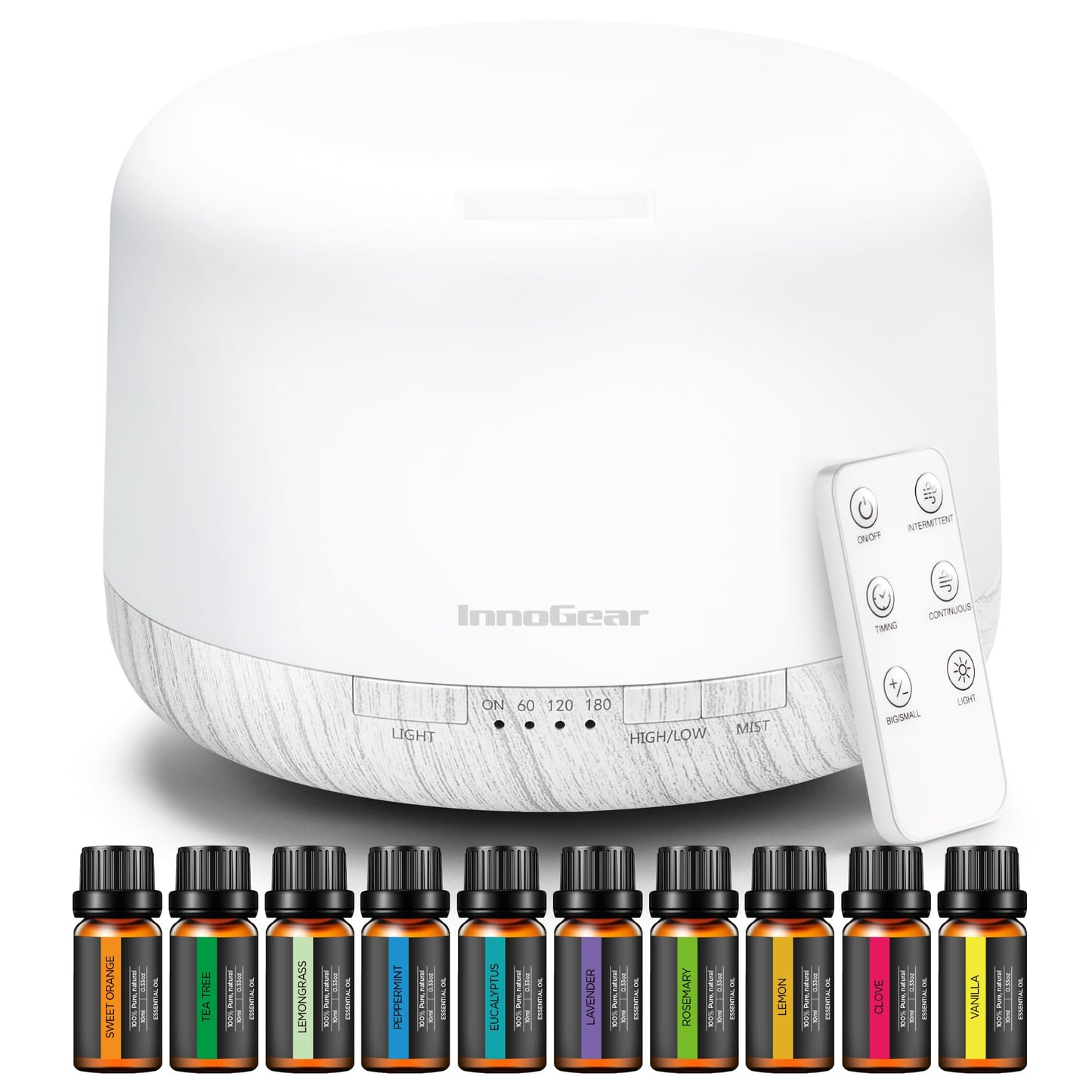 InnoGear Aromatherapy Diffuser & 10 Essential Oils Set, 500ml Essential Oil Diffuser with Remote Control Ultrasonic Cool Mist Scent Humidifier Vaporizer Auto-Off Timer for Room Office Home, Yellow