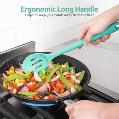 600ºF Heat Resistant Silicone Spoons: U-Taste 13.3in Solid & Slotted Kitchen Cooking Tool, Nonstick Long Rubber Utensil, Sturdy for Mixing, Serving, Stirring, Frying, Basting (Aqua Sky, 2PCS)