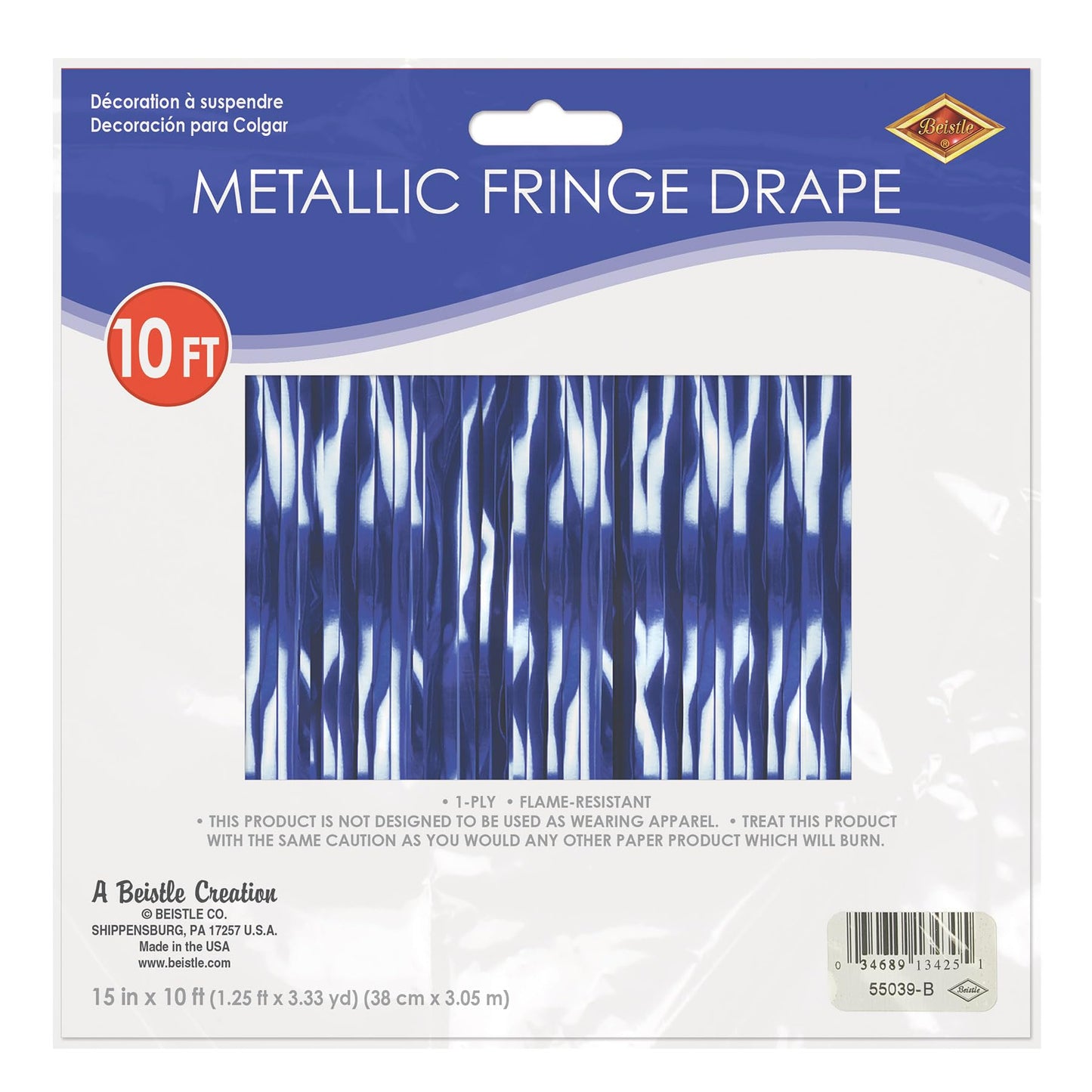 Beistle Metallic Fringe Drape Hanging Curtain, Party Supplies for Walls and Tables, Great for Baby Showers, Game Day, Graduation and Birthday Parties, 15" x 120", Blue