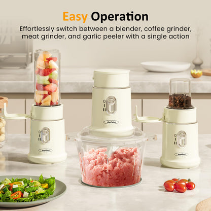 Sunvivi 250W Electric Food Chopper, 4 in 1 Food Grinder for Grinding Meat, Peeling Garlic & Juicing, Variable Speed Blender and Food Processor Combo with 1.5L Glass Bowl & 2 Cups (0.4L+0.2L), Beige