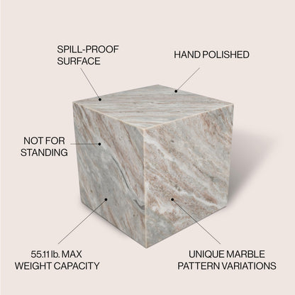 JONATHAN Y Felix 15" Solid Marble Cube End Table, Natural Stone Square Block Side Table for Living Room, Modern Glossy Pedestal Accent Table, Fully Assembled MTB1101A