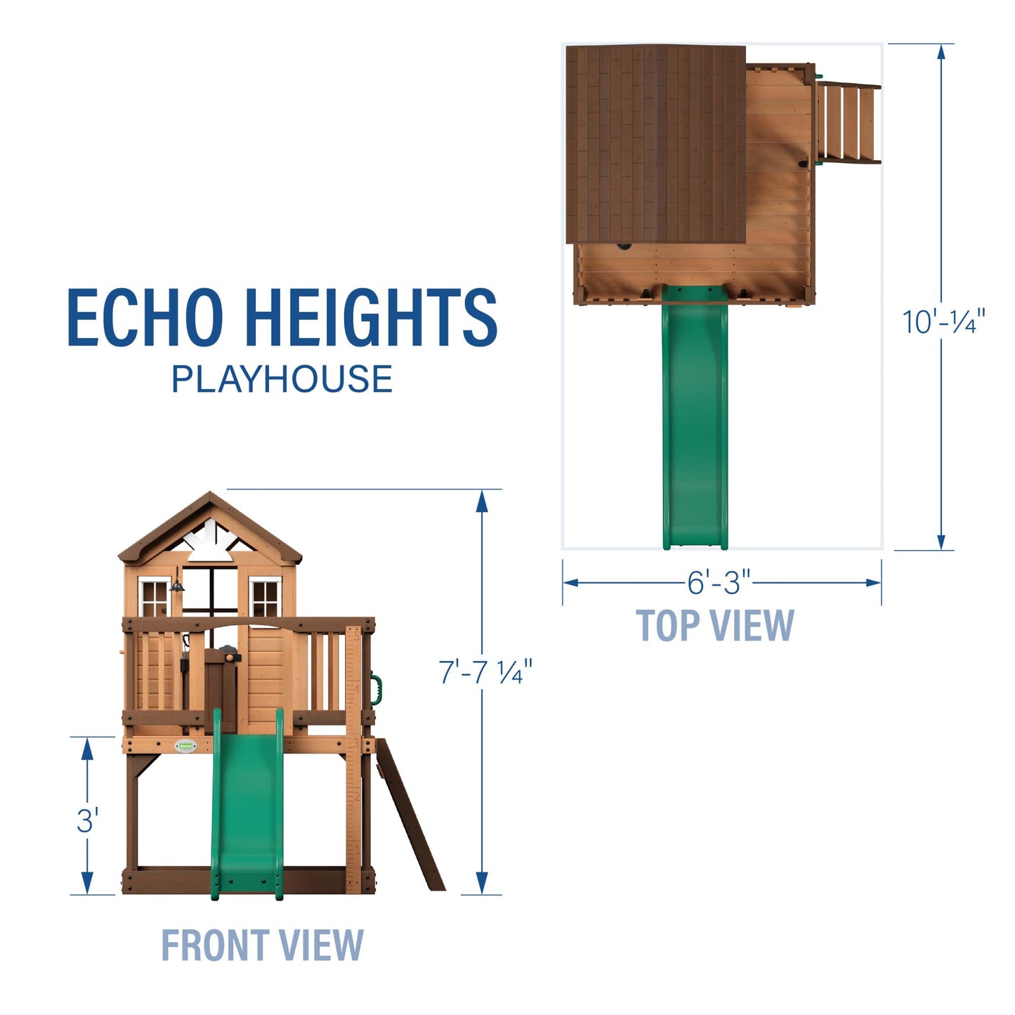 Backyard Discovery Echo Heights Elevated Cedar Wooden Kids Playhouse with Wave Slide, Play Kitchen, Wrap-Around Deck, Flat-Step Ladder, Half Door, Windows, Bell, and Growth Chart for Outdoor Play