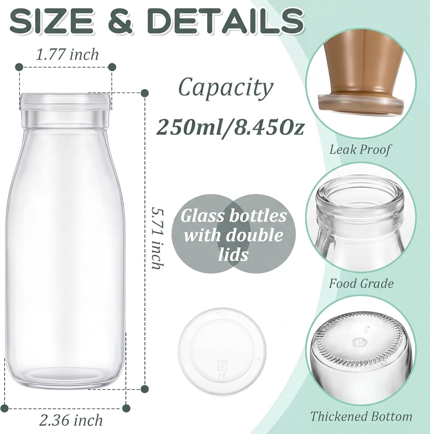 12 Pack 8 oz 24 Zubebe Glass Milk Bottles with Lids - Reusable Overnight Oats Jars for Juice, Smoothies, Yogurt
