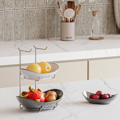 Acliys Fruit Bowl, 3 Tier Ceramic Fruit Basket, Serving Stand Serving Bowl with Metal Rack, Porcelain Kitchen Bowls for Fruit and Vegetable Storage Snack Nuts Dessert Cake Tray for Party Wedding