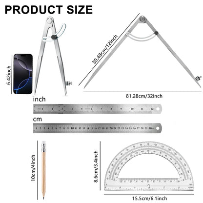 Eikovia Compass Geometry Tool, Drawing Compass, Professional 12 Inch Large Compass with Wing for Woodworking, 6 Inch Protractor, 12 Inch Ruler, 2 Pencil for Carpenter, Drafting