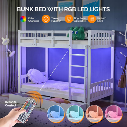 VINGLI Bunk Bed Twin Over Twin with 2 Storage Drawers/RGB LED/Charging Station, Solid Wood Bunk Bed Frame with 15 inches High Safety Guardrail and Ladders for Kids, White