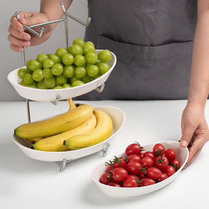 LUFILUFI 3 Tier Fruit Bowl Basket for Kitchen Counter - Ceramic Serving Bowls with Metal Stand, Stackable Tiered Fruit Basket for Fruit Vegetable Snack Storage, Countertop Organizer, Housewarming Gift