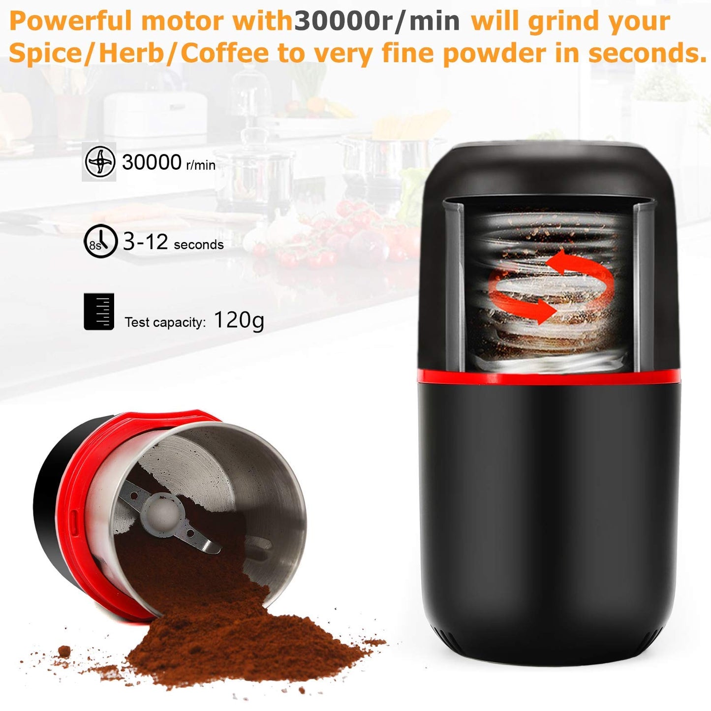 Herb Grinder Electric, Turimon Large Herbal/Coffee Grinders/Mill/Crusher for Spice and Herbs With Cleaning Brush - Black