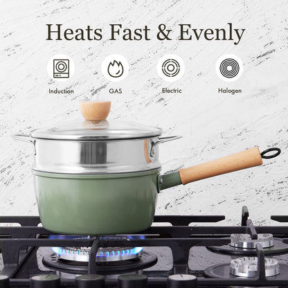 ROCKURWOK Ceramic Nonstick Sauce Pan with Lid, 2 Quart Cooking Pot, Small Saucepan with Steamer, PTFE& PFAS-Free, Wooden Handle for Cool Touch, Universal Base(Gas, Electric & Induction), Green