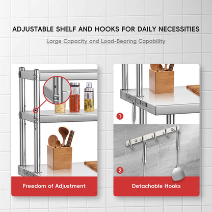 EliteEdge Commercial Stainless Steel Prep Table with Adjustable Shelves and Side Hooks, 36" X 24" Heavy Duty Workstation for Restaurant, Kitchen, or Workshop