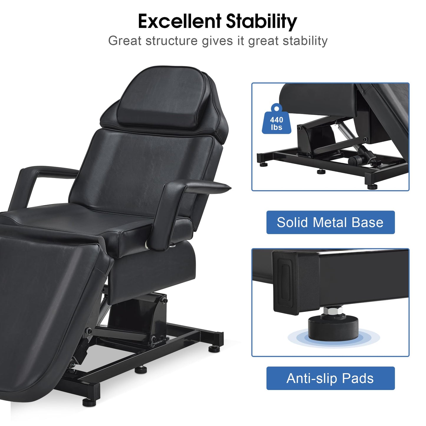 BarberPub Fully Electric Facial Bed with 3 Motor for Esthetician, Electric Tattoo Chair for Client, Facial Bed for Esthetician, Massage Adjustment 2751 (Black, Height (Flat): 25.2"–37")