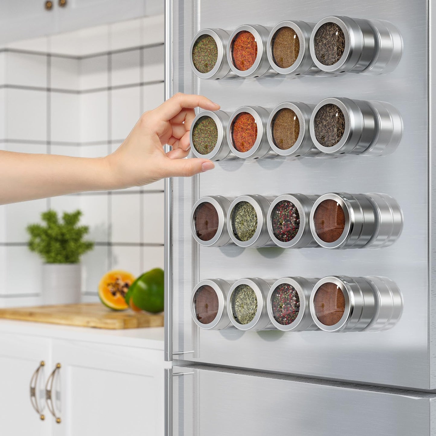Vetacsion Set of 16 Magnetic Spice Tins with 4 Metal Wall-Plates,100 Preprinted Seasoning Label Stickers,2 Styles for 3 oz Herb Jars