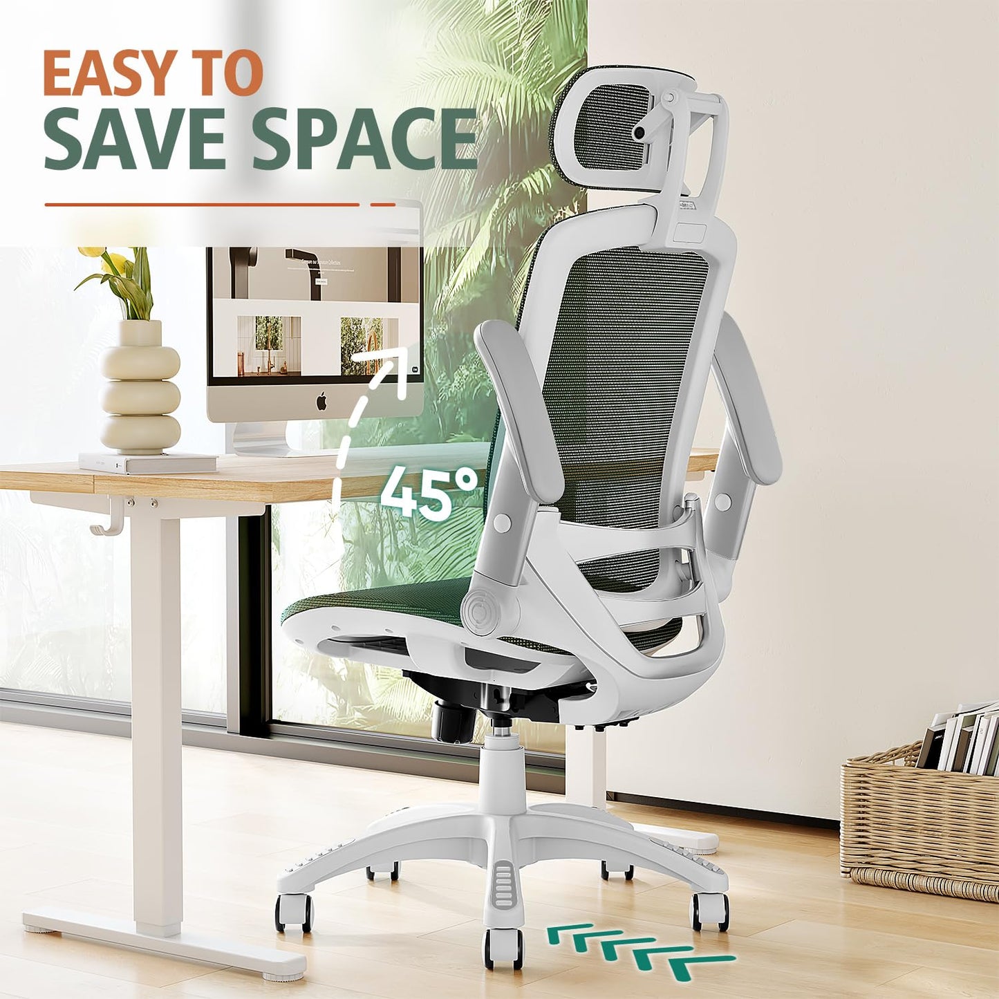 GABRYLLY Ergonomic Office Chair, High Back Home Desk Chair with Headrest, Flip-Up Arms, 90-120° Tilt Lock and Wide Cushion, 300LBS Mesh Chairs for Man Woman, White Task Chair(Olive Green,GY01WOG)