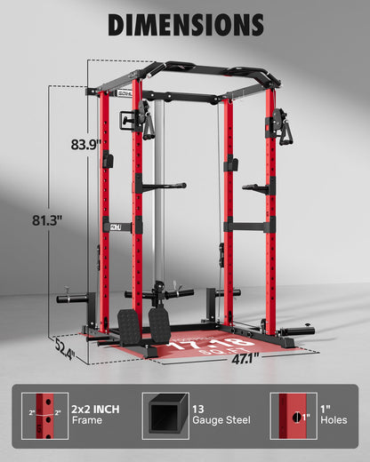 GOIMU RH01 Power Cage Rack, 2000LBS Squat Rack with with Cable Crossover System&LAT Pull Down System, Multi-Function Workout Cage for Home&Garage Gym (Red-SE, RH01 Power Cage with 290LB C Weights)