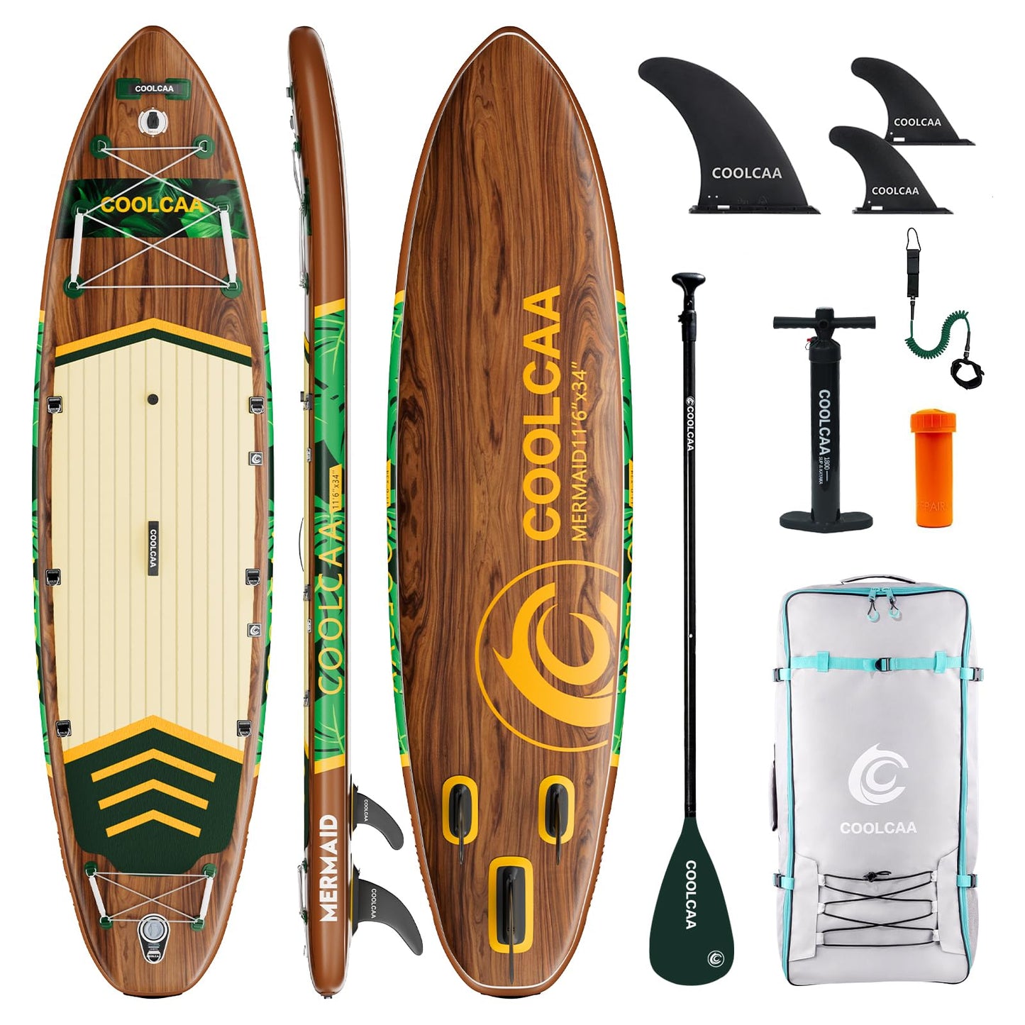 COOLCAA Mermaid 11'6" Inflatable Stand-Up Paddle Board, 490Lbs Capacity SUP Board with 34'' Extra Wide, Fishing Paddleboard with Accessories & Bag for Adults Youth (Jungle Echo)