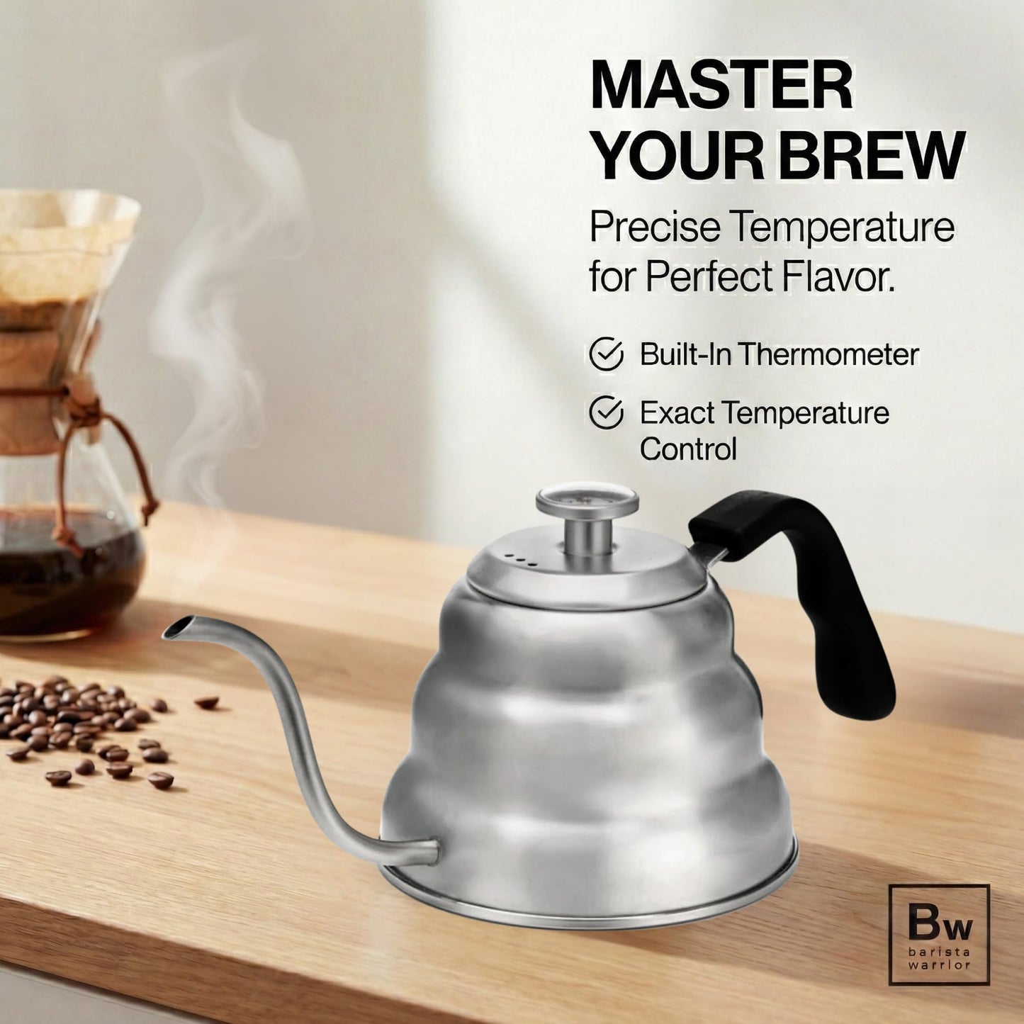 Barista Warrior Gooseneck Kettle with Thermometer - 1L Pour Over Coffee & Tea Kettle, 18/8 Stainless Steel Gooseneck Kettle Pot, Precision Pour Drip Spout, Suitable for All-Stoves (34 fl oz)