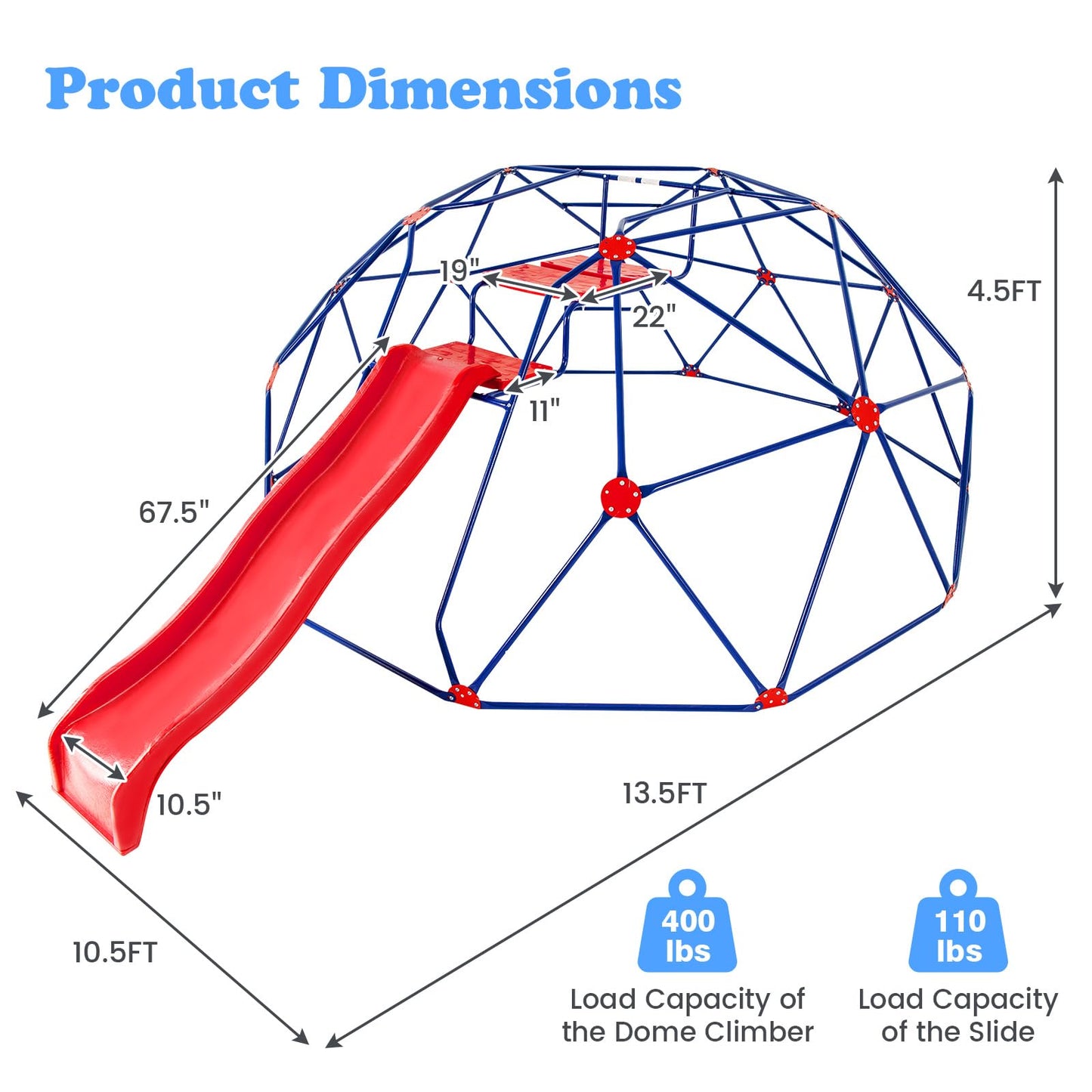 Olakids Climbing Dome with Slide, Kids Outdoor Jungle Gym Geometric Dome Climber, Steel Frame, 13.3FT Climb Structure Backyard Playground Center Equipment for Toddlers