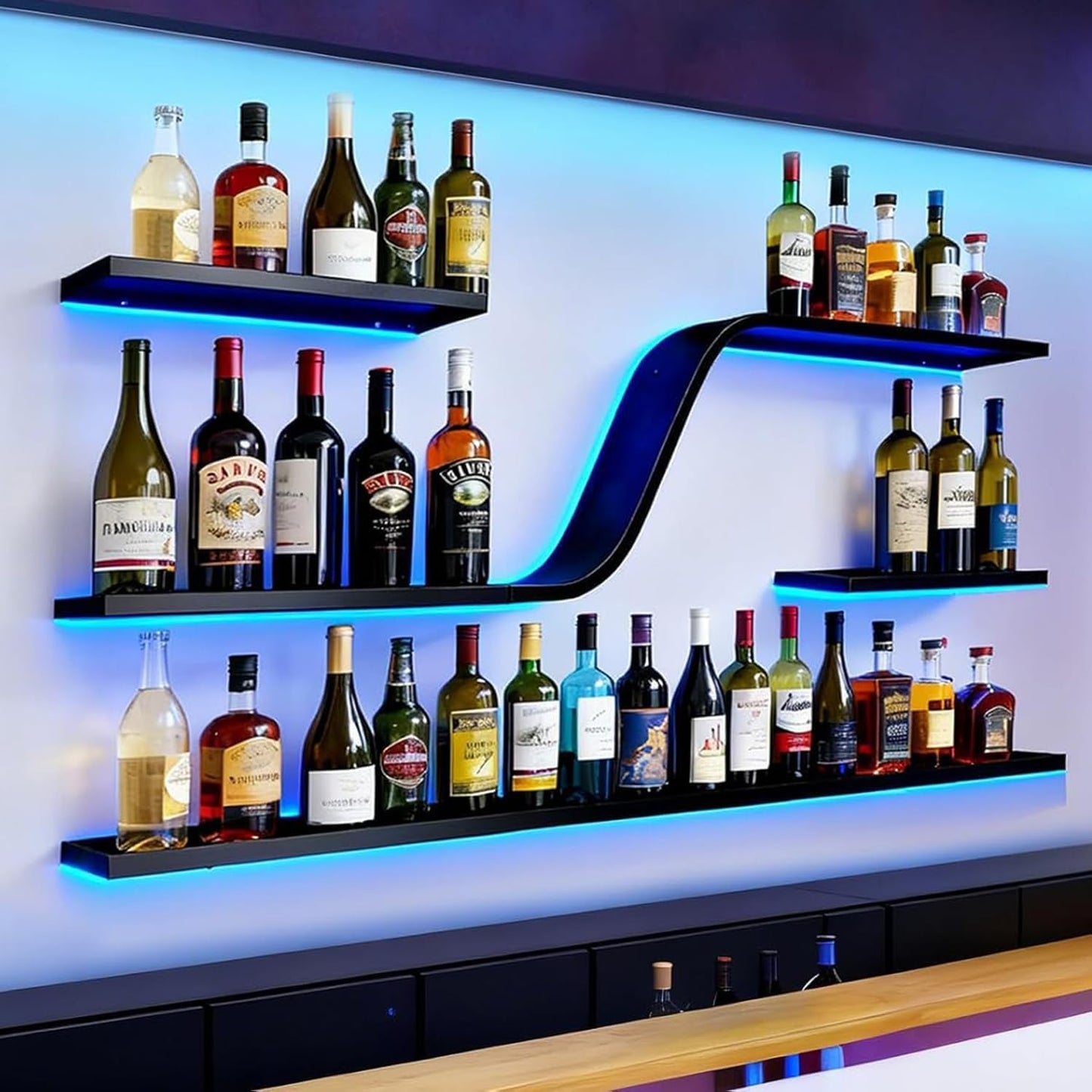 59IN Modern Wall Mounted Wine Rack with Blue LED Light, 3-tiers Metal Curved Bar liquor Bottles Display Shelf, Large Floating Bar Shelves Storage for Home bars, kitchens Coffee Shop (Black, 59in)