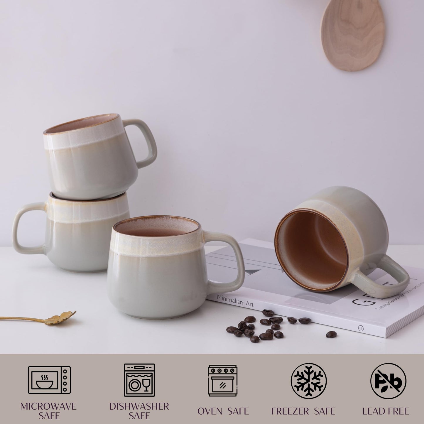 Ava Nord Ceramic Coffee Mugs Set of 4 | 12 oz Stoneware Coffee Cups | Lead-Free, Non-Toxic | Microwave and Dishwasher Safe | Comfortable Handle | Aesthetic Nordic Design for Tea and Latte | Sage Ash