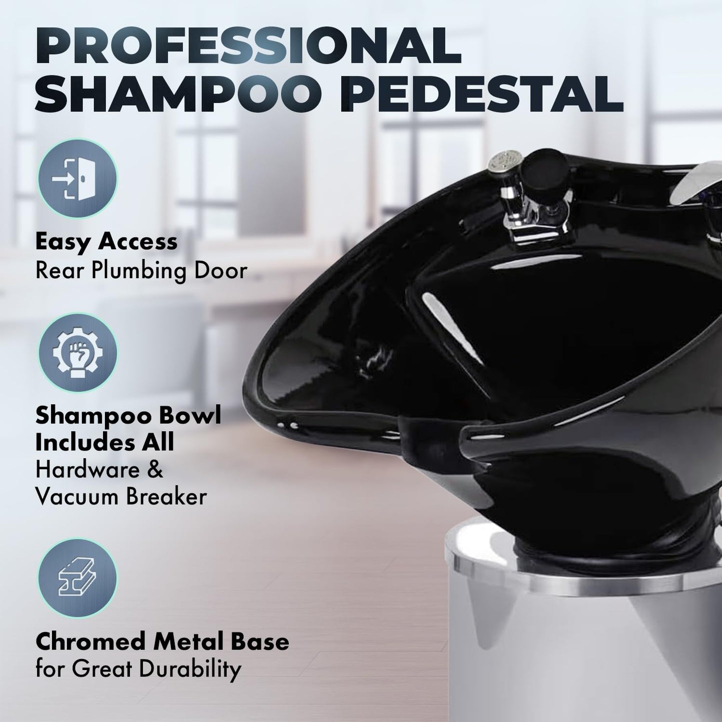 Buy-Rite Paris Pedestal Shampoo Unit – Professional Salon Shampoo Station with Tilting Porcelain Bowl, Silver Base with Black Bowl – Includes Faucet, Spray Hose, Drain & Vacuum Breaker