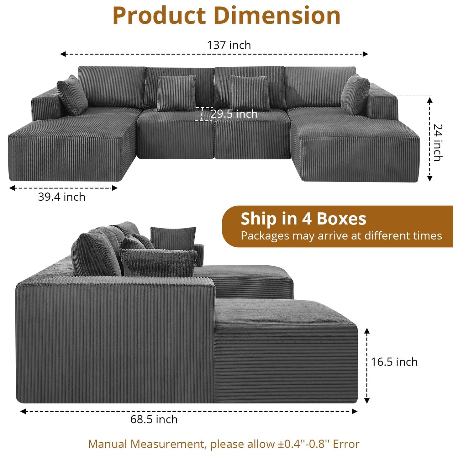 137" Oversized Cloud Boneless Sofa Couch with Chaise, Modern Corduroy u Shaped Modular Sectional Sofa with Deep Seat, No Assembly Required, Convertible Compression Sleeper Sofa for Living Room