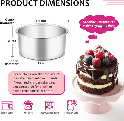 E-far 4 Inch Small Cake Pan Set of 4, Stainless Steel Mini Round Baking Pans, Non-Toxic & Healthy, Dishwasher Safe
