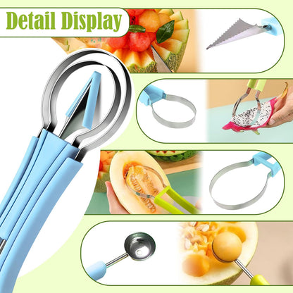 Suuker Melon Baller Scoop Set,Professional 4 In 1 Stainless Steel Fruit Carving Tools Knife Kit, Watermelon Knife for Ice Cream Melon,Dig Pulp Separator Fruit Slicer (Blue)