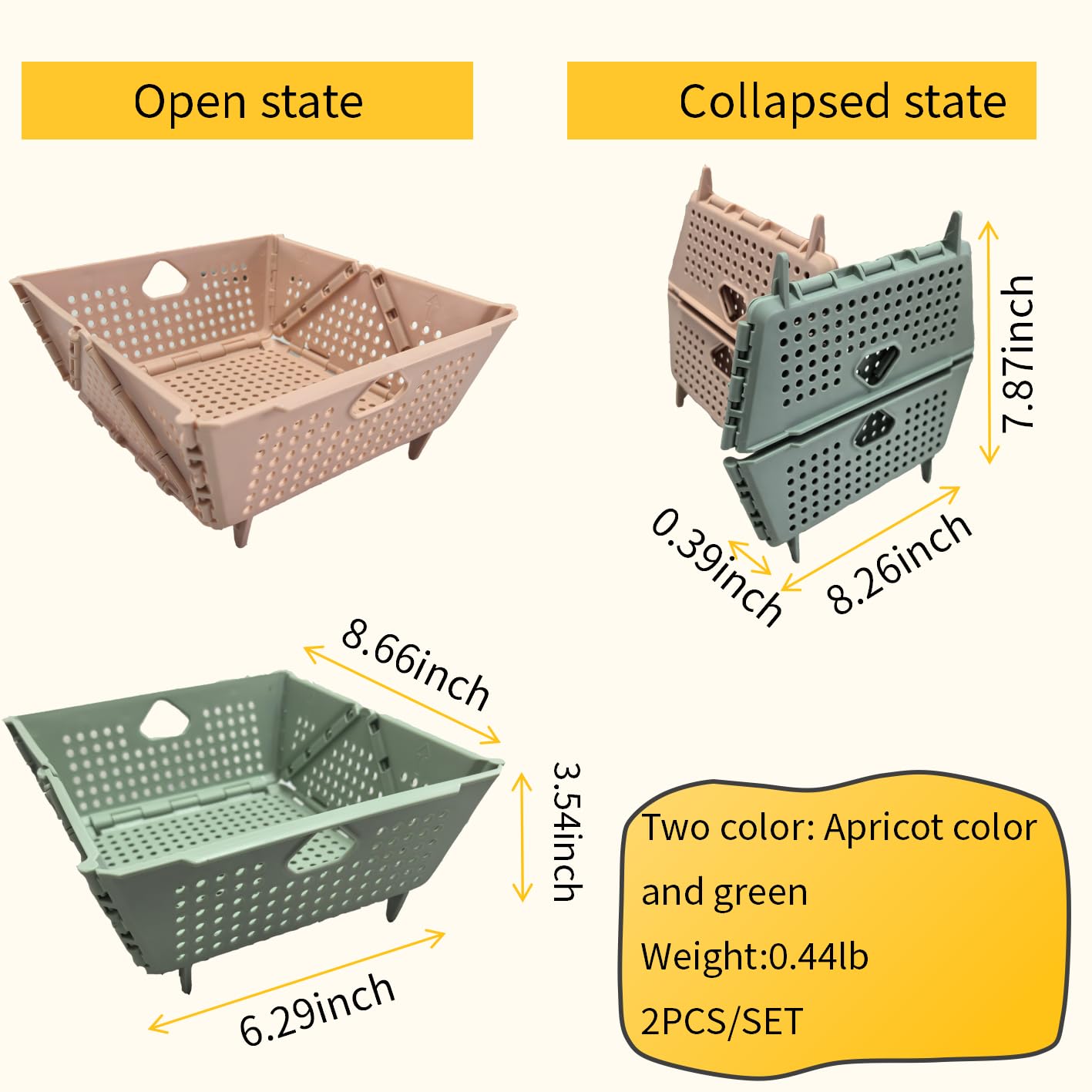 2 Pcs Collapsible Colander Strainer, Multipurpose Drain Basket for Fruit Storage, Mini Foldable Picnic Basket for Kitchen, Travel, RV, Car, Space-Saving Fruit Drain Basket for Food Organizing